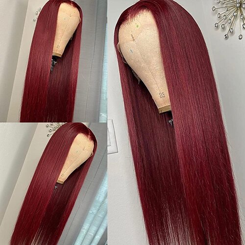 

99J Burgundy Wine Red Silky Straight Transparent 13x4 Lace Front Brazilian Human Hair Wigs Pre Plucked Remy Hair 150%/180% Virgin Hair Wigs for Women