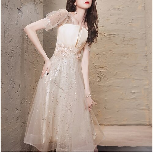 A-Line Bridesmaid Dress Square Neck Short Sleeve Elegant Tea Length Tulle with Sequin 2022
A-Line Bridesmaid Dress Square Neck Short Sleeve Elegant Tea Length Tulle with Sequin 2022