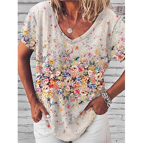 Women's T shirt Tee Rainbow Floral Patchwork Print Short Sleeve Casual Daily Basic V Neck Regular 3D Printed S
Women's T shirt Tee Rainbow Floral Patchwork Print Short Sleeve Casual Daily Basic V Neck Regular 3D Printed S