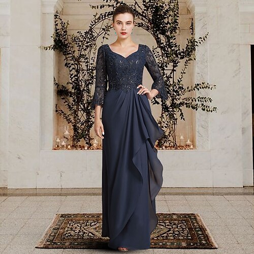 Sheath / Column Mother of the Bride Dress Elegant V Neck Floor Length Chiffon Lace 3/4 Length Sleeve with Pleats Appliques 2022
Sheath / Column Mother of the Bride Dress Elegant V Neck Floor Length Chiffon Lace 3/4 Length Sleeve with Pleats Appliques 2022