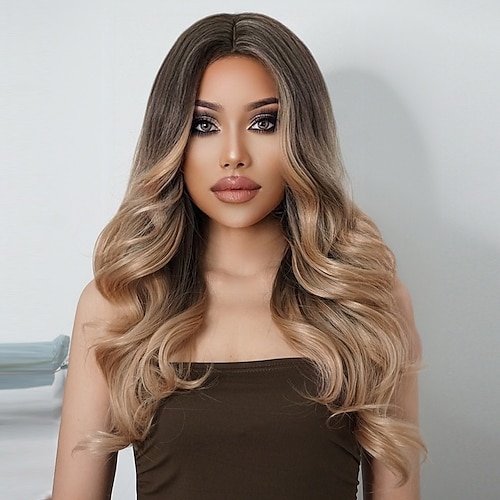 

26 Inch Synthetic Wig Ladies Wig Brown with Blonde Highlights Long Wave Curly Hair Without Bangs Fashion Daily Party Cosplay
