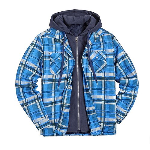 

Men's Winter Jacket Winter Coat Jacket Flannel Jacket Warm Multi layer Breathable Outdoor Street Daily Zipper Hoodie Streetwear Casual Jacket Outerwear Plaid / Check Pocket Quilted Full Zip Green
