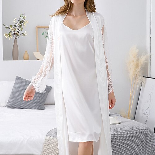 Women's Pajamas Robes Gown Nightgown Bathrobes 2 Pieces Pure Color Fashion Simple Comfort Home Bed Spa Satin Breathable Gift V Wire Long Sleeve Backless Fall Spring White / Silk / Pjs / Sweet / Lace
Women's Pajamas Robes Gown Nightgown Bathrobes 2 Pieces Pure Color Fashion Simple Comfort Home Bed Spa Satin Breathable Gift V Wire Long Sleeve Backless Fall Spring White / Silk / Pjs / Sweet / Lace