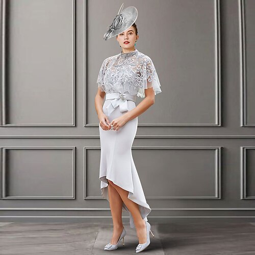Mermaid / Trumpet Mother of the Bride Dress Elegant High Neck Asymmetrical Knee Length Chiffon Lace Sleeveless with Appliques 2022
Mermaid / Trumpet Mother of the Bride Dress Elegant High Neck Asymmetrical Knee Length Chiffon Lace Sleeveless with Appliques 2022