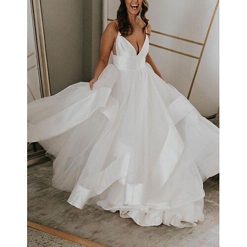 A-Line Wedding Dresses V Neck Spaghetti Strap Court Train Satin Tulle Sleeveless Simple Sexy with Solid Color 2022
A-Line Wedding Dresses V Neck Spaghetti Strap Court Train Satin Tulle Sleeveless Simple Sexy with Solid Color 2022