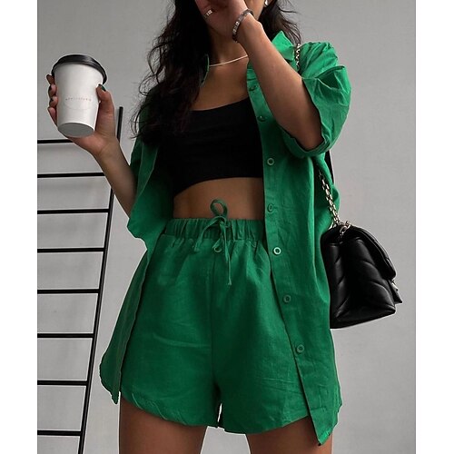 Women's Blouse Shirt Shorts Sets Basic Green Purple Casual Daily Wear Solid Color Drawstring Shirt Collar S M L
Women's Blouse Shirt Shorts Sets Basic Green Purple Casual Daily Wear Solid Color Drawstring Shirt Collar S M L