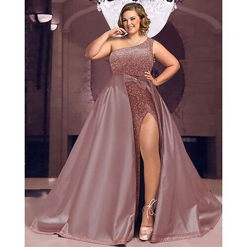 A-Line Evening Gown Plus Size Dress Wedding Party Sweep / Brush Train Sleeveless One Shoulder Satin with Bow(s) Sequin Slit 2022
A-Line Evening Gown Plus Size Dress Wedding Party Sweep / Brush Train Sleeveless One Shoulder Satin with Bow(s) Sequin Slit 2022