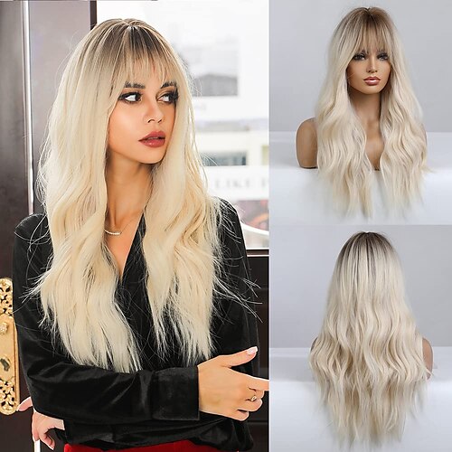 

Blonde Wigs for Women 26 Inches Long Blonde Wig with Bangs Natural Synthetic Hair Ombre Blonde Wavy Wig with Dark Roots for Women Daily Party Cosplay Wear