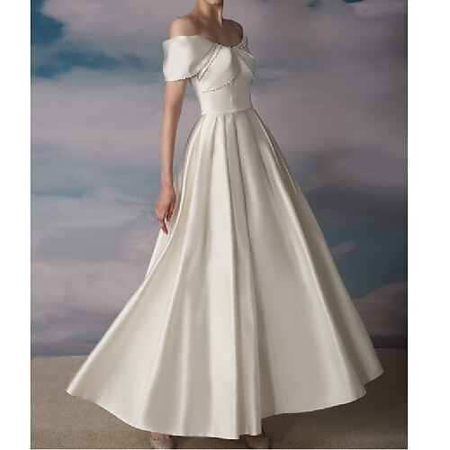 A-Line Wedding Dresses Off Shoulder Ankle Length Satin Short Sleeve Simple Sexy with Pleats Pearls 2022
A-Line Wedding Dresses Off Shoulder Ankle Length Satin Short Sleeve Simple Sexy with Pleats Pearls 2022