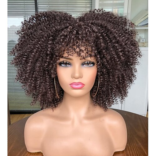 

Dark Brown Wigs for Girl 14Inch Afro Kinky Curly Wig with Bangs for Black Women No Glue Full and Fluffy Bomb Short Curly Hair Wigs(4#)