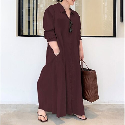 Women's Plus Size Shirt Dress Solid Color Shirt Collar Long Sleeve Fall Spring Casual Sexy Maxi long Dress Causal Daily Dress / Cotton
Women's Plus Size Shirt Dress Solid Color Shirt Collar Long Sleeve Fall Spring Casual Sexy Maxi long Dress Causal Daily Dress / Cotton