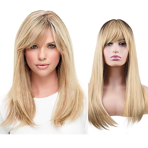 

16 inches ombre blonde wigs with bangs for women long blonde natural cute straight synthetic wig heat resistant wigs for cosplay daily use (16'',blonde)