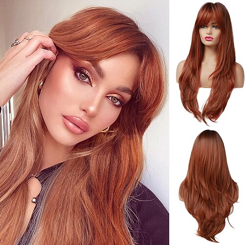 

24 Long Straight Auburn Layered Natural Synthetic Wig for Everyday Party Use