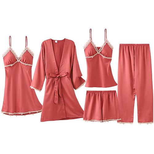 Women's Pajamas Robes Gown Nightgown Sets 5 Pieces Pure Color Fashion Simple Comfort Home Daily Bed Satin Breathable Gift V Wire Lace up Lace Fall Spring Blue Red / Silk / Sweet
Women's Pajamas Robes Gown Nightgown Sets 5 Pieces Pure Color Fashion Simple Comfort Home Daily Bed Satin Breathable Gift V Wire Lace up Lace Fall Spring Blue Red / Silk / Sweet
