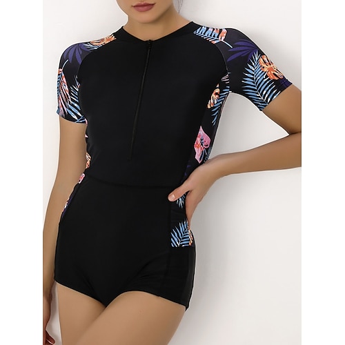 

Women's Swimwear Rash Guard Diving Normal Swimsuit UV Protection Tummy Control Zipper Printing Leaf Black Padded Scoop Neck Bathing Suits Sports Stylish Casual / Vacation / Modern / New / Padded Bras