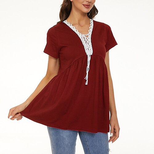 Women's T shirt Tee Plain Casual Weekend T shirt Tee Short Sleeve Lace Lace Trims Flowing tunic V Neck Basic Essential Black Royal Blue Red S
Women's T shirt Tee Plain Casual Weekend T shirt Tee Short Sleeve Lace Lace Trims Flowing tunic V Neck Basic Essential Black Royal Blue Red S