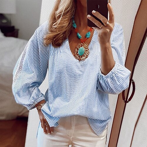 Women's Blouse Shirt Light Blue Striped Lace Long Sleeve Daily Weekend Casual V Neck Regular Cotton S
Women's Blouse Shirt Light Blue Striped Lace Long Sleeve Daily Weekend Casual V Neck Regular Cotton S