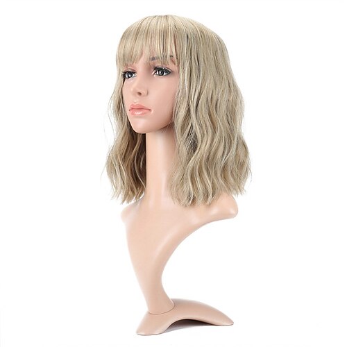 

Natural Wavy Short Bob Wigs With Air Bangs Women's Shoulder Length Wigs Curly Wavy Synthetic Cosplay Wig Pastel Bob Wig for Girl Colorful Wigs(12 Mix Blonde)