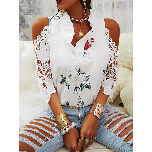 Women's Blouse Floral Holiday Weekend Floral Blouse Shirt 3/4 Length Sleeve Ruffle Cut Out Lace V Neck Casual Streetwear Green White Blue S / 3D Print
Women's Blouse Floral Holiday Weekend Floral Blouse Shirt 3/4 Length Sleeve Ruffle Cut Out Lace V Neck Casual Streetwear Green White Blue S / 3D Print