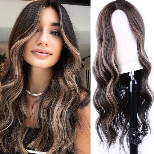 

Brown Wigs Long Wavy Wigs for Women Ombre Brown to Blonde Highlight Wig Synthetic Wig Middle Part Natural Daily Dark Roots Heat Resistant Fiber Wig