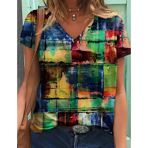 Women's T shirt Tee Green Blue Red Geometric Print Short Sleeve Casual Weekend Basic V Neck Regular Abstract Geometric Painting S
Women's T shirt Tee Green Blue Red Geometric Print Short Sleeve Casual Weekend Basic V Neck Regular Abstract Geometric Painting S