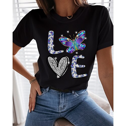 Women's T shirt Tee Pink Navy Blue Gray Butterfly Heart Print Short Sleeve Casual Valentine Basic Round Neck Regular Cotton Butterfly Painting S
Women's T shirt Tee Pink Navy Blue Gray Butterfly Heart Print Short Sleeve Casual Valentine Basic Round Neck Regular Cotton Butterfly Painting S