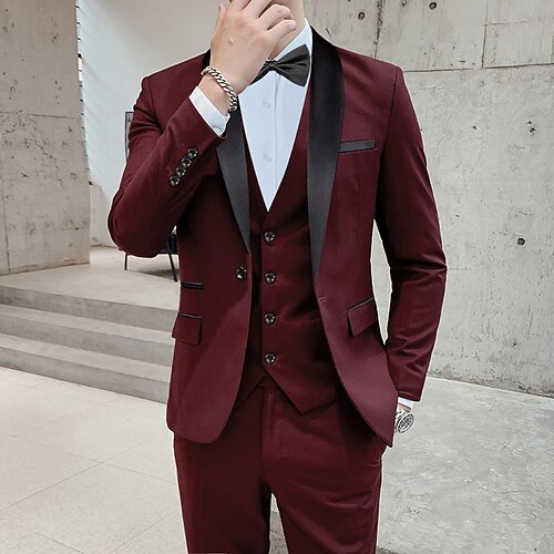 

Dark Grey Red Burgundy Men's Wedding Ceremony Tuxedos 3 Piece Shawl Collar Solid Color Standard Fit Single Breasted One-button 2023