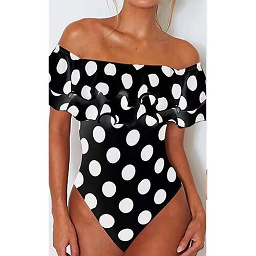 

Women's Swimwear One Piece Monokini Bathing Suits Plus Size Swimsuit Ruffle Open Back Printing for Big Busts Polka Dot Black Off Shoulder Bathing Suits Sexy Vacation Fashion / Modern / New