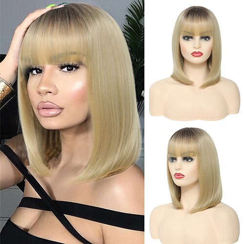 

Blonde Wigs with Bangs Short Bob Wig With Bangs Synthetic Wigs For Women Blonde Lolita Cosplay Party Golden Short Straight Natural Hair Perruque Bob