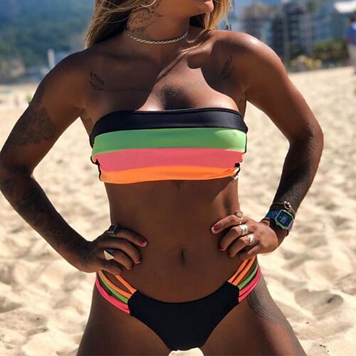 

Women's Swimwear Bikini 2 Piece Normal Swimsuit 2 Piece Open Back Bandeau Hole Striped Color Block Green White Black Blue Yellow Bandeau Tube Top Padded Strapless Bathing Suits New Vacation Sexy