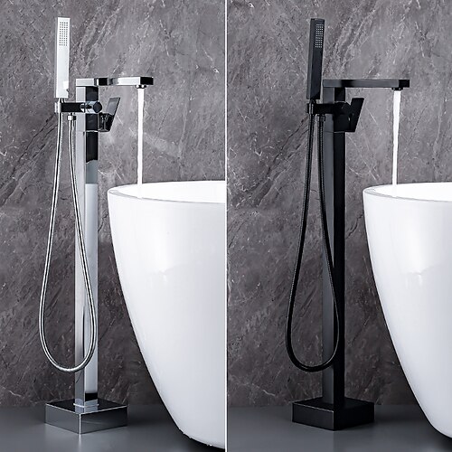 

Freestanding Bathtub Faucet Floor Mount Tub Filler Single Handle Brass Tap with Hand Shower and 360 Degree Swivel Spout