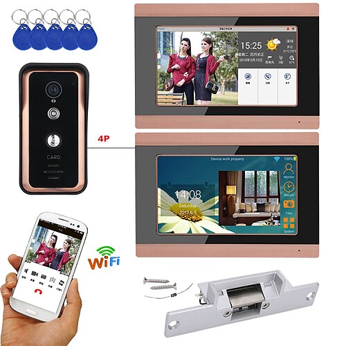 

2 Monitors 7 inch Wired / Wireless Wifi RFID Video Door Phone Doorbell Intercom System with Electric Strike Lock AHD 720P Ding dong 1204600 Pixel One to One video doorphone