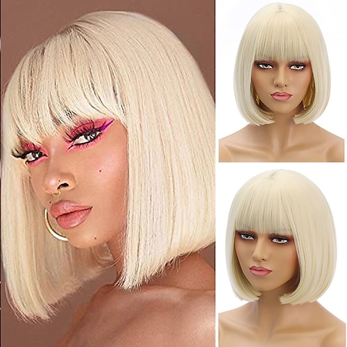 

Blonde Wigs with Bangs 613 Short Bobo Wig With Bangs Synthetic Wigs Ombre Blonde Black Green Pink Lolita Cosplay Wig For Women Heat Resistant Fiber