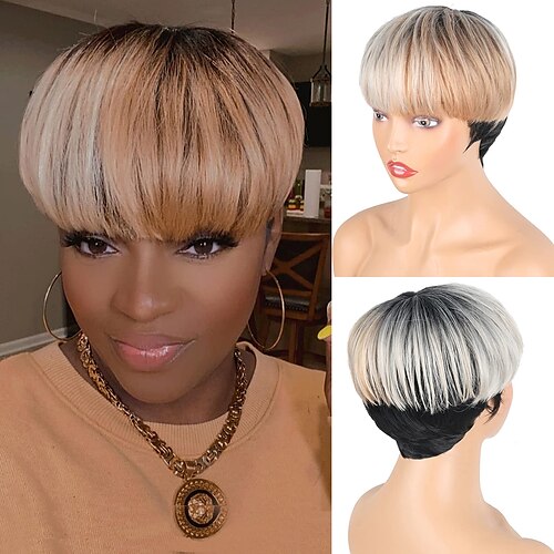 

Pixie Cut Wig With Bangs For Women Short Gradient Grey Bob Wig Brown Mixed Black Synthetic Natural Straight Bright Blonde Brown Fluffy Layered Wig