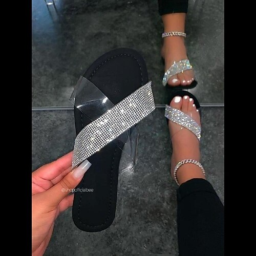 Women's Sandals Slippers Daily Glitter Crystal Sequined Jeweled Clear Shoes Plus Size Summer Sparkling Glitter Flat Heel Open Toe Casual Glitter PVC Loafer Solid Colored Black
Women's Sandals Slippers Daily Glitter Crystal Sequined Jeweled Clear Shoes Plus Size Summer Sparkling Glitter Flat Heel Open Toe Casual Glitter PVC Loafer Solid Colored Black