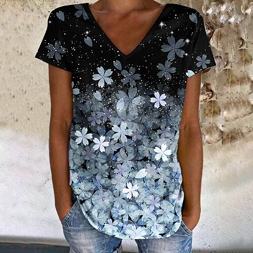 Women's T shirt Tee Green Blue Purple Floral Print Short Sleeve Casual Holiday Basic V Neck Regular Floral Painting S
Women's T shirt Tee Green Blue Purple Floral Print Short Sleeve Casual Holiday Basic V Neck Regular Floral Painting S