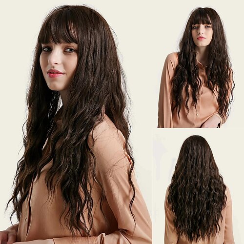 

Synthetic Wig Wavy Neat Bang Machine Made Wig 24 inch Black Synthetic Hair 24 inch Women's Comfy Fluffy Waterfall Black / Daily Wear