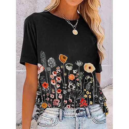 Women's T shirt Tee Black Flower Print Short Sleeve Casual Daily Basic Round Neck Regular Loose Fit S / 3D Print
Women's T shirt Tee Black Flower Print Short Sleeve Casual Daily Basic Round Neck Regular Loose Fit S / 3D Print