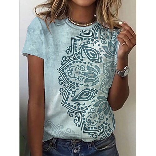 Women's T shirt Tee Blue Tribal Patchwork Print Short Sleeve Casual Daily Basic Boho Ethnic Round Neck Regular S / 3D Print
Women's T shirt Tee Blue Tribal Patchwork Print Short Sleeve Casual Daily Basic Boho Ethnic Round Neck Regular S / 3D Print