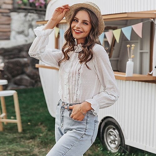 Women's Blouse Shirt White Plain Lace Patchwork Long Sleeve Daily Weekend Streetwear Casual Standing Collar Regular Cotton S
Women's Blouse Shirt White Plain Lace Patchwork Long Sleeve Daily Weekend Streetwear Casual Standing Collar Regular Cotton S