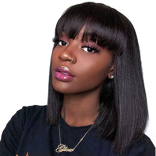 

Human Hair Wig Long Straight Natural Straight Neat Bang Natural Classic Adorable Best Quality Capless Indian Hair Unisex Natural Black #1B 8 inch 10 inch 12 inch Party / Evening Daily Wear Vacation