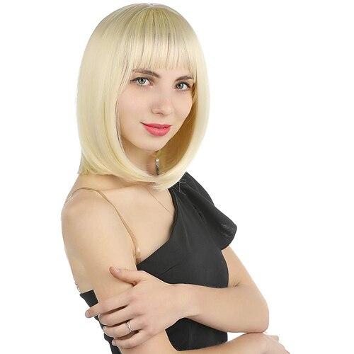 

Remy Human Hair 13x4 Lace Front Wig Bob with Bang Brazilian Hair Silky Straight 613# Blonde Color 150% - 180% Density Wig with Baby Hair & Bleached Knots
