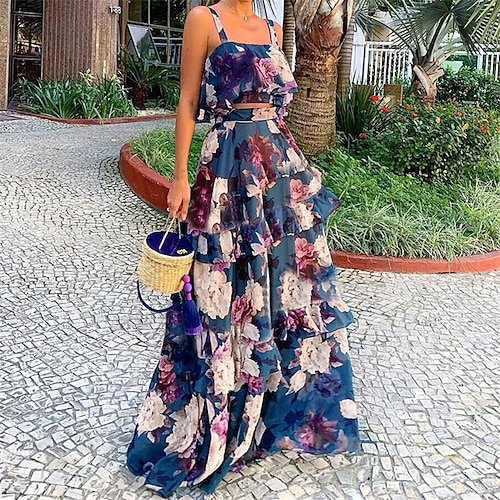 

Women's Swing Dress Maxi long Dress Photo Color Sleeveless Floral Layered Spring Summer cold shoulder Elegant Romantic Vacation 2022 S M L XL XXL