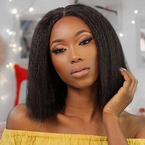 

Human Hair 4x4 Lace Front Wig Middle Part Brazilian Hair kinky Straight Black Wig 130% Density with Baby Hair Glueless Pre-Plucked For wigs for black women Medium Length Human Hair Lace Wig Clytie