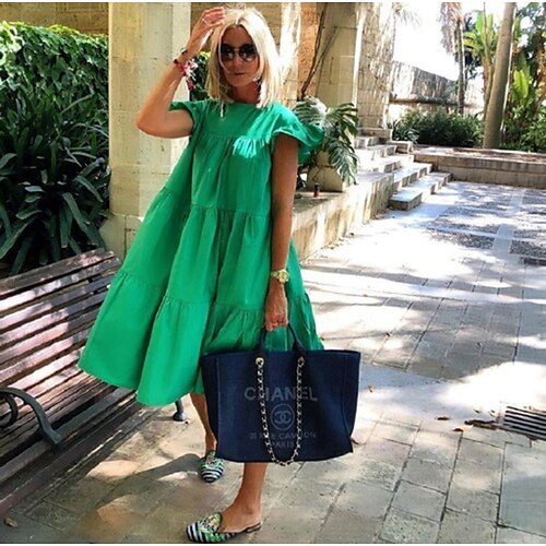 

Women's Swing Dress Emerald Green Dress Plaid Dress Midi Dress Black White Pink Short Sleeve Pure Color Ruffle Spring Summer Crew Neck Basic Daily Date Vacation Loose Fit 2023 S M L XL XXL