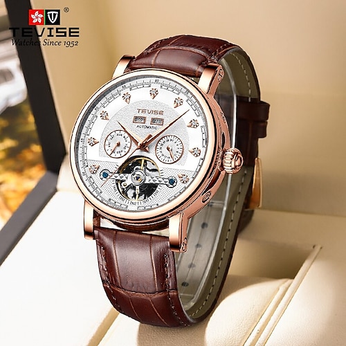 

Tevise Mechanical Watch for Men Analog Automatic self-winding Hole Luxury Waterproof Calendar Noctilucent Alloy Genuine Leather Creative