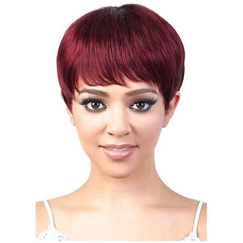 

Human Hair Wig with Bang Full Machine Made For Women Straight Short Straight Wig Pixie Cut Brazilian Hair None Lace 130% Density Capless Wig Dark Wine#99J