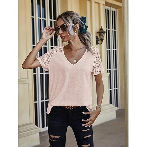 Women's T shirt Tee Plain Casual Daily Holiday T shirt Tee Short Sleeve Lace V Neck Basic Essential Whute Black Pink S
Women's T shirt Tee Plain Casual Daily Holiday T shirt Tee Short Sleeve Lace V Neck Basic Essential Whute Black Pink S