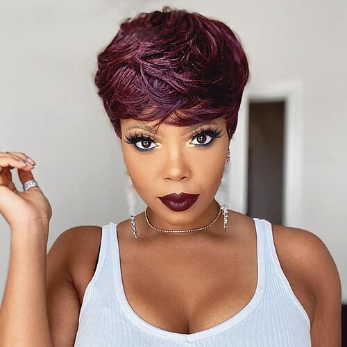 

Short Human Hair Wigs Pixie Cut Wig with Bang Straight Brazilian Remy Hair Short Full Machine Made Wig With Bangs Capless Human Hair Wig None Lace Wig Color 99J