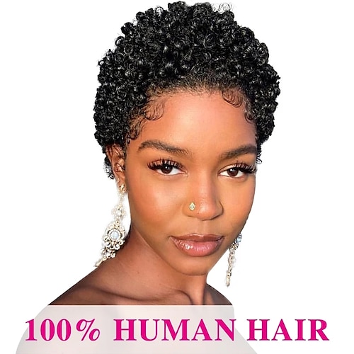 

Human Hair Wig Full Machine Made For Black Women Afro Curly Pixie Cut Brazilian Hair None Lace Tight Curl Bob Capless Wig 130% Density Natural Black #1B